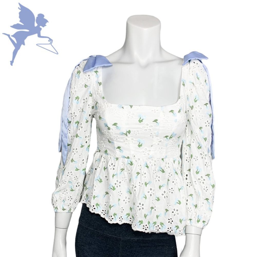 LINJIA SHOP RARE Coquette Girl Embroidered Victorian Eyelet Corset Bow Top
